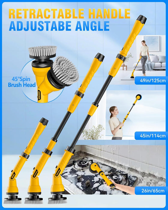 Alloyman 1200RPM Electric Spin Scrubber, Telescopic Extension Handle (25-49 inches) Ideal for Elderly and Arthritis, 2 Batteries&8 Replaceable Brush Heads, Perfect for Bathroom/Shower/Tub/Tile- 12V