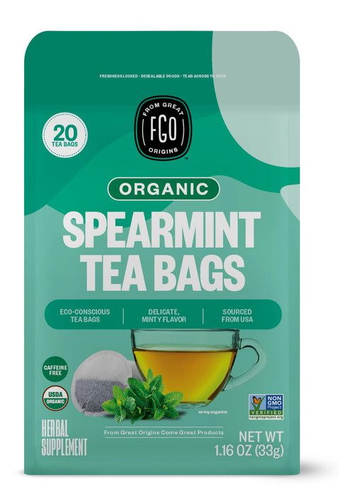 FGO Organic Spearmint Leaf Herbal Tea, 40 Count, Eco-Conscious Tea Bags, Caffeine Free, (Pack of 1)