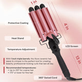 Alure Three Barrel Hair Waver/Crimper with LCD Temperature Display in Celsius - 1 Inch Ceramic Tourmaline Triple Barrels, Dual Voltage Crimp Iron