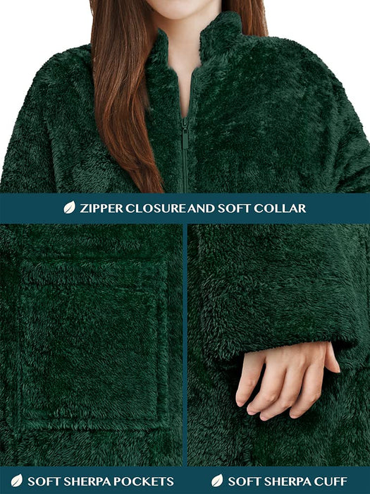 PAVILIA Womens Housecoat Zip Robe, Sherpa Zip Up Front Robe Bathrobe, Fuzzy Warm Zipper House Coat Lounger for Women Ladies Elderly with Pockets, Fluffy Fleece Long - Emerald Green (Large/X-Large)