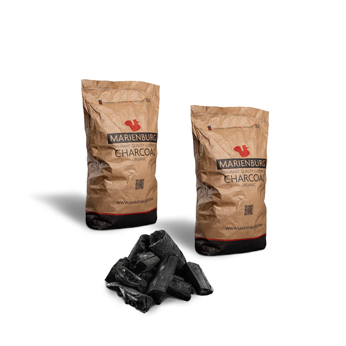 MARIENBURG ORGANIC Lumpwood Charcoal BBQ - Sustainable, Smokeless, Odorless, Ready in 15 Minutes!, 95% 5-20cm Pieces 30L Bag - Effortless Ignition - Restaurant Grade Charcoal Quality! (2 x 30L)