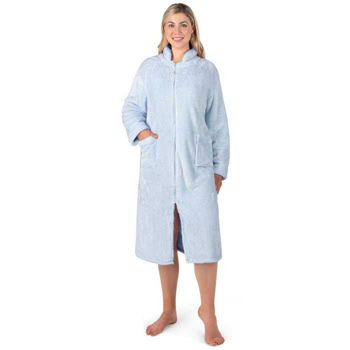 PAVILIA Womens Housecoat Zip Robe, Sherpa Zip Up Front Robe Bathrobe, Fuzzy Warm Zipper House Coat Lounger for Women Elderly with Pockets, Fluffy Fleece Long Plus Size, Light Blue (2X/3X)