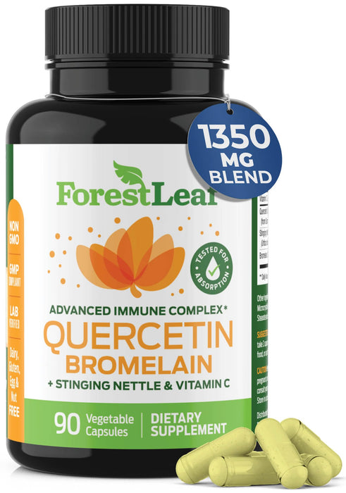 ForestLeaf Quercetin with Bromelain 1350mg - Blend with Vitamin C & Stinging Nettle Supplement, Quercetin 500mg Capsules, Non-GMO Gluten Free, Natural Immune & Respiratory Function, 90 Veggie Caps