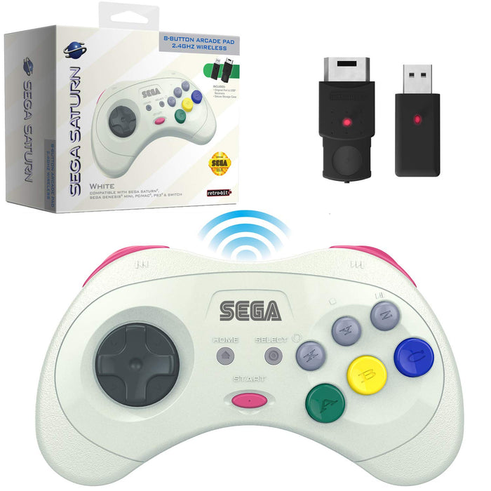 Retro-Bit Official Sega Saturn 2.4 GHz Wireless Controller for Sega Saturn, Sega Genesis Mini, Switch, PS3, PC, Mac - Includes 2 Receivers & Storage Case (White)