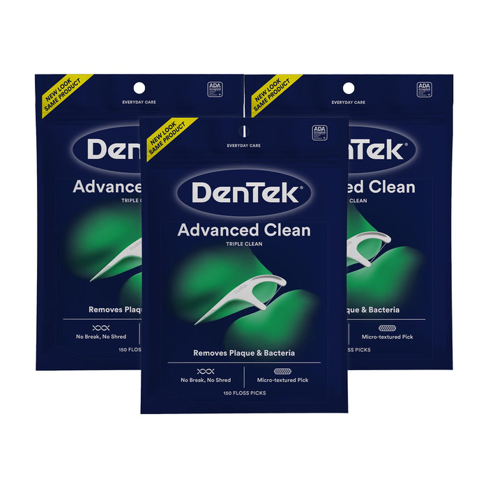 DenTek Triple Clean Advanced Clean Floss Picks, No Break & No Shred Floss, 150 Count, Pack of 3