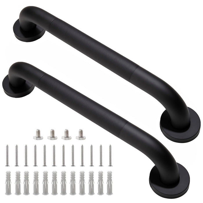 Rackickyer Shower Grab Bar, 2 Pack 16 Inch Black Bathroom Grab Bar, 1.25" Diameter 304 Stainless Steel Anti-Slip Grab Bars for Bathtubs and Showers, Handicap Shower Grab Bar for Seniors Elderly