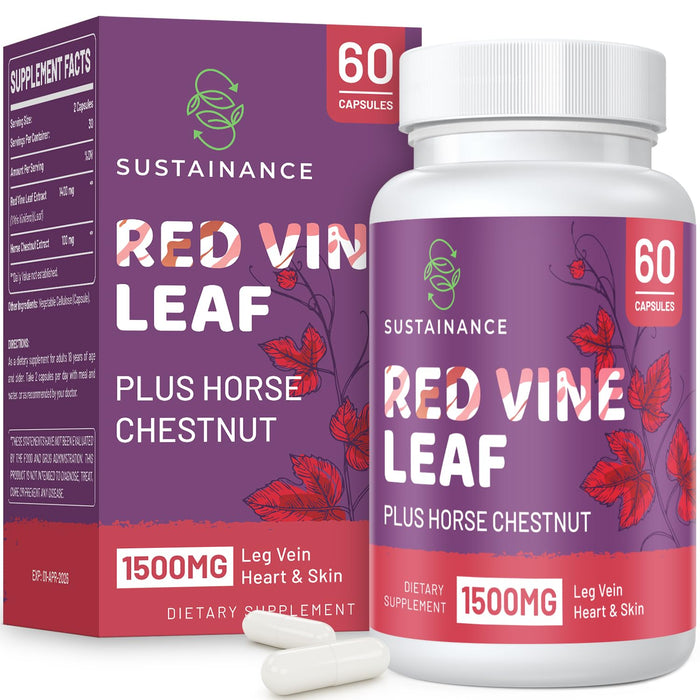 SUSTAINANCE Red Vine Leaf Extract 1400mg & Horse Chestnut Extract 100mg Supplement Diet for Leg, Vein, Circulation, Heart, Skin (60 Capsules)