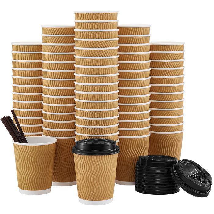 SIUQ 90 Pack - 8 oz Disposable Coffee Cups with Lids and Straws,To go Coffee Cups,Insulated Corrugated Paper Cups,Kraft Ripple Wall Cups for Hot Beverage or Cold Drinks -Champagne