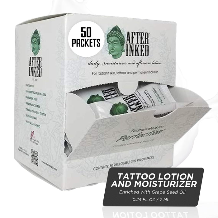 After Inked Tattoo Lotion - Tattoo Moisturizer Aftercare Lotion, 7ml Tattoo Balm, Ink Hydration Tattoo Aftercare Kit, Reclosable Pillow Pack (50-Pack)