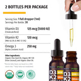 (2 Pack) Organic Vitamin D3 K2 Drops w MCT Oil Omega 3, 5000 IU, Vitamin D Liquid 5000 IU, No Fillers, Non-GMO Liquid D3 for Body’s Defenses & Faster Absorption, Unflavored, 2 Fl Oz Liquid Vitamin D3