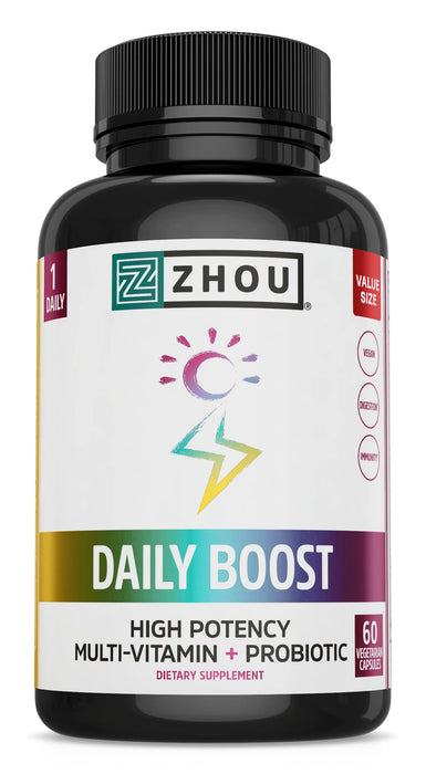 Zhou Nutrition Daily Boost Multivitamin with Probiotic, Zinc, Vitamin C, D3, B Complex for Immune Support, Energy and Digestive Health | Vegan, Gluten Free, Soy Free | 60 Servings