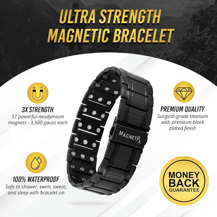 MagnetRX® 3X Strength Magnetic Bracelets for Men – Effective Titanium Mens Magnetic Bracelet – Premium Fold-Over Clasp & Adjustable Length with Sizing Tool & Gift Box (Black)