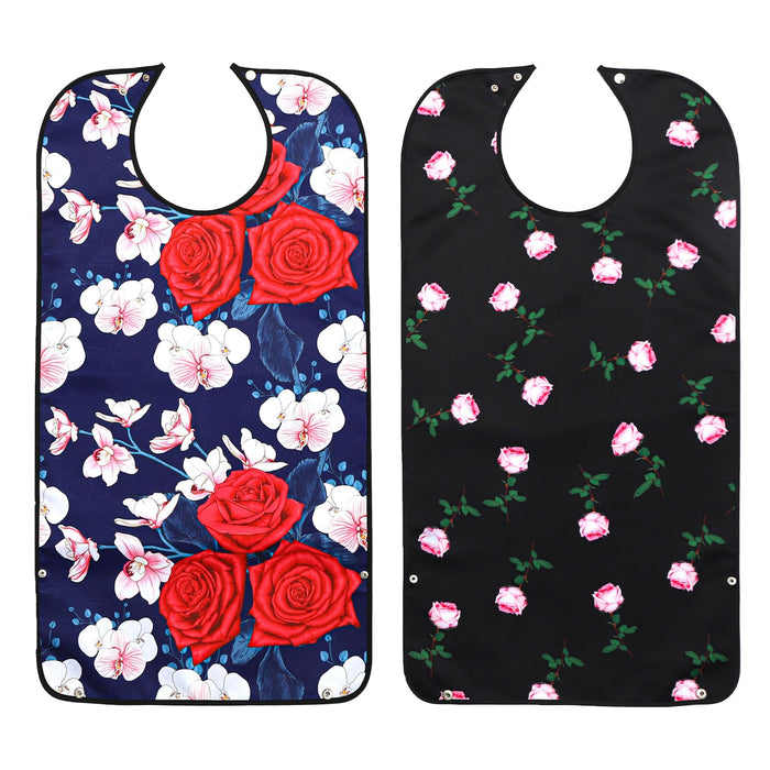 Pafusen 2 Pack Waterproof Washable Adult Bibs for Elderly Women (Rose Flower Pink Flower)