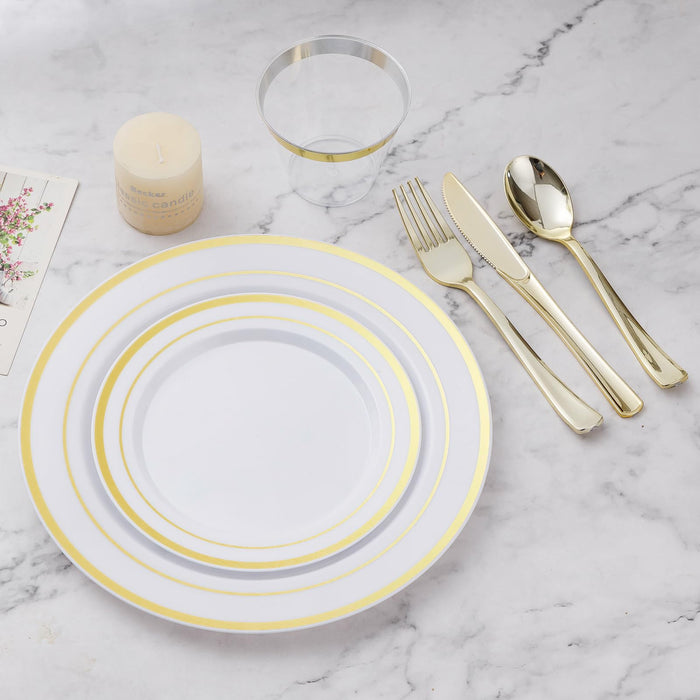 BESTVIP 600PCS Plastic Dinnerware Set (100 Guests), Gold Disposable Plates for Party, Wedding, Anniversary, Includes: Dinner Plates, Dessert Plates, Cups, Spoons, Forks and Knives