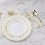 BESTVIP 600PCS Plastic Dinnerware Set (100 Guests), Gold Disposable Plates for Party, Wedding, Anniversary, Includes: Dinner Plates, Dessert Plates, Cups, Spoons, Forks and Knives