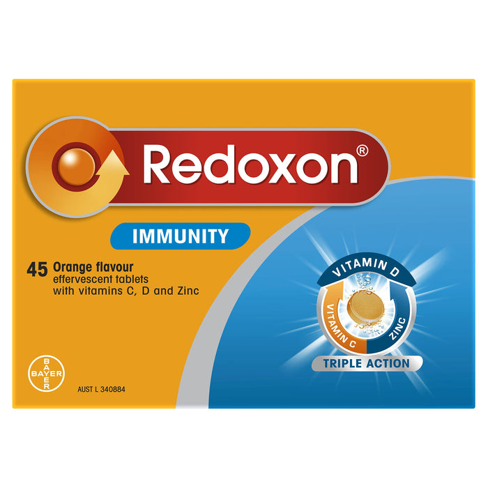 Redoxon Immunity Vitamin Triple Action Formula with C, D and Zinc Orange Flavoured Effervescent, Tablets 45 Pack