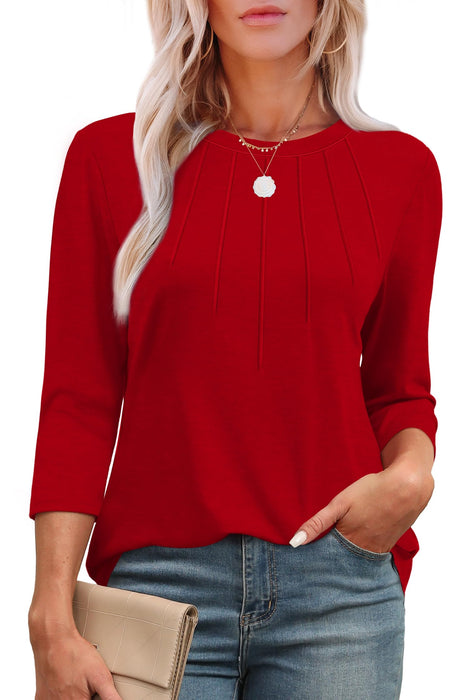 XIEERDUO 3/4 Length Sleeve Womens Tops Dressy Casual Round Neck Pleated Tunic Tops Loose Fit Christmas Red S