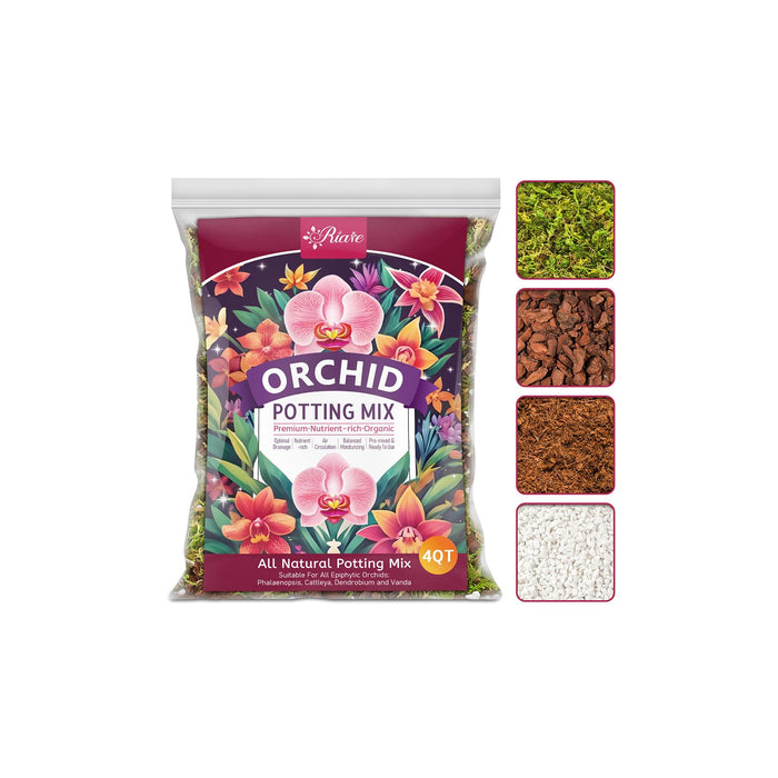 Riare 4QT Orchid Potting Mix for Repotting- Orchid Repotting Kit Include Moss, Pine Bark, Perlite, Coco Peat- Premium Orchid Soil Medium for Indoor Potted Plants Root Ventilation & Expanding