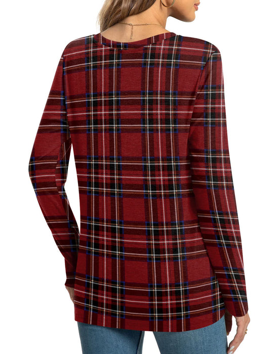 HOTGIFT Winter Womens Christmas Tunic Tops Long Sleeve Casual T-Shirts Front Twist Blouse Red Plaid Large