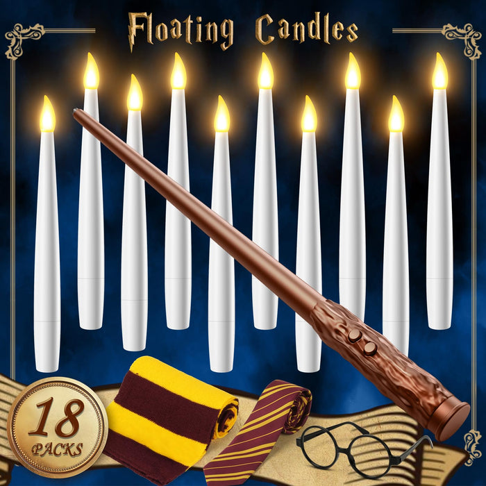 Floating Candles with Wand Remote 18PCS - Halloween Decorations Magic Hanging Candles Flickering Flameless Taper Candles with Glasses, Tie, Scarf, Battery Operated Candles for Party Christmas Decor