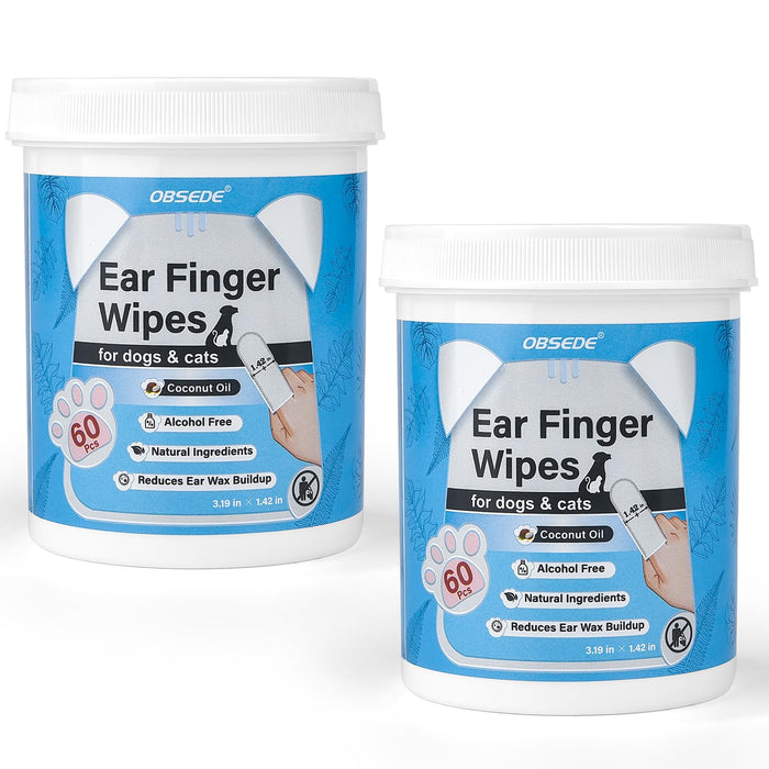 OBSEDE Ear Cleaner Finger Wipes, Grooming Kit Care for Dogs and Cats Regular Soothing Odor Control Reduce Dirt Wax Build Up Pet Supplies Easy to Use Fresh Coconut Scent, 120 Count