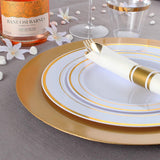 350 Pieces Gold Plastic Plates with Disposable Silverware and Cups, Include: 50 Dinner Plates 10.25”, 50 Dessert Plates 7.5”, 50 Gold Rim Cups 9 OZ, 50 Per Rolled Napkins with Cutlery