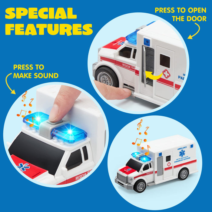 JOYIN 4 Packs Emergency Vehicle Toy Playsets, Friction Powered Vehicles with Light and Sound, Including Fire Truck, Ambulance Toy, Play Police Car and Toy Helicopter, Christmas Toddler Kids Boys Gifts