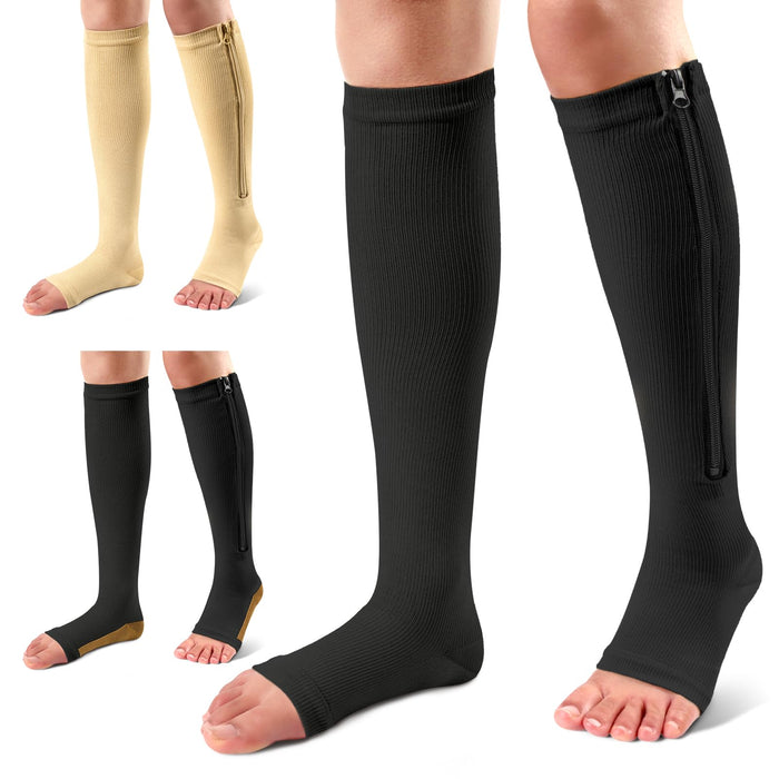 Ailaka 3 Pairs Compression Socks with Zipper, 15-20 mmHg Medical Knee High Compression Socks for Men Women, Open Toe Socks for Varicose Veins, Edema, Recovery