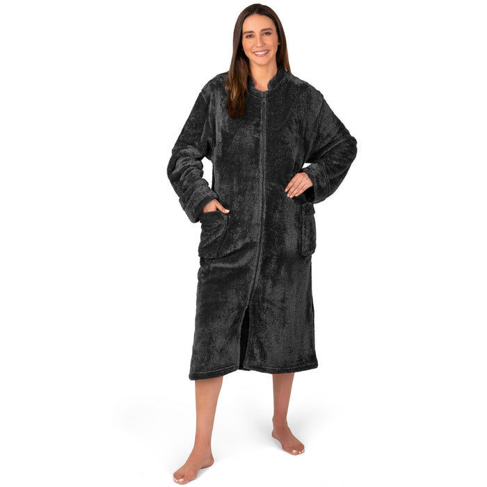 PAVILIA Womens Housecoat Zip Robe, Sherpa Zip Up Front Robe Bathrobe, Fuzzy Warm Zipper House Coat Lounger for Women Ladies Elderly with Pockets, Fluffy Fleece Long - Black (Small/Medium)