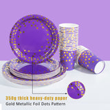 HOMIX Purple and Gold Party Supplies 175 Pieces Disposable Purple Paper Plates Napkins Cups, Gold Plastic Forks Knives Spoons for Mardi Gras, Birthday Decor, Cocktail Party