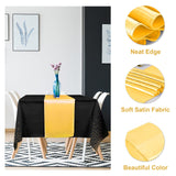 12Pack Disposable Plastic Tablecloths and Satin Table Runner Set Black and Gold Dot Tablecloth Gold Satin Table Runner for Wedding Birthday Baby Shower Anniversary Christmas New Year Party Supplies