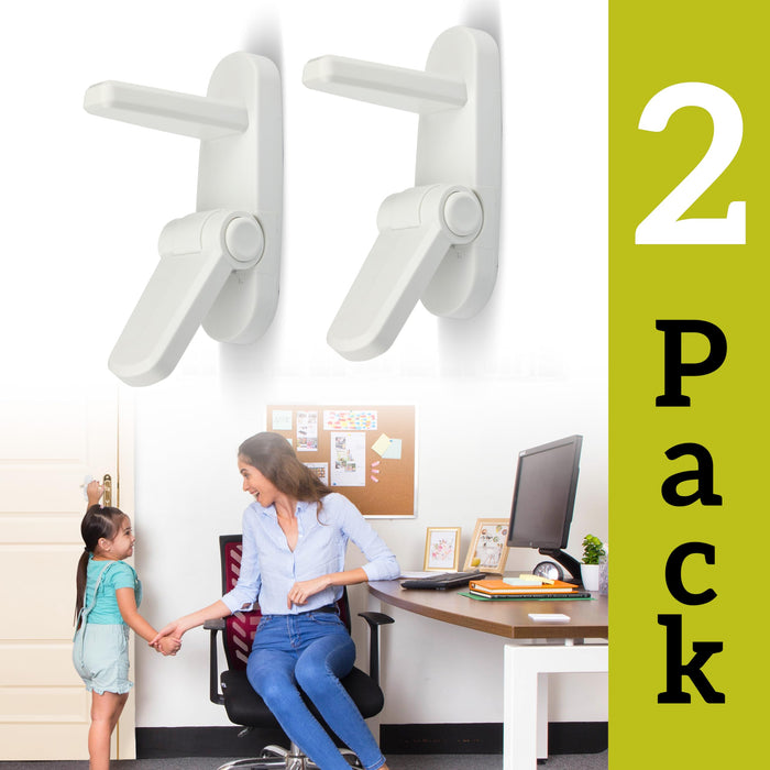 Door Lever Lock (2 Pack) Prevents Toddlers from Opening Doors. 3.25" L * 1.5" W * 4.5" H Easy One Hand Operation for Adults. Durable ABS with 3M Adhesive Backing. Simple Install, No Tools Needed.