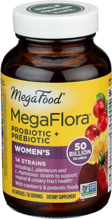 MegaFood MegaFlora Probiotics for Women + Prebiotics and Probiotics with 14 Strains & 50 Billion CFUs, with Cranberry, Probiotics for Women Digestive Health, Vegan - 60 Capsules (30 Servings)