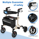 WALK MATE Rollator Walker for Seniors with Cup Holder, Upgraded Thumb Press Button for Height Adjustment, 4 x 8" Wheels Walker with Seat Padded Backrest Folding Lightweight Walking Aid, Gold
