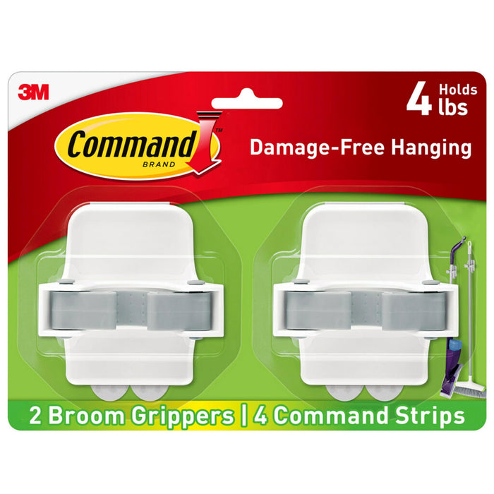 Command Broom and Mop Grippers, 2 Hangers and 4 Command Strips, Damage Free Hanging Wall Mount Broom and Mop Holder, Household Cleaning Organizer for Christmas Decorations, Holds up to 4 lb