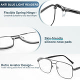 EASY READ Aviator Reading Glasses for Men,Blue light blocking Readers Men Metal Eyeglasses with Spring Hinge(Magnification 1.50,Gunmetal)