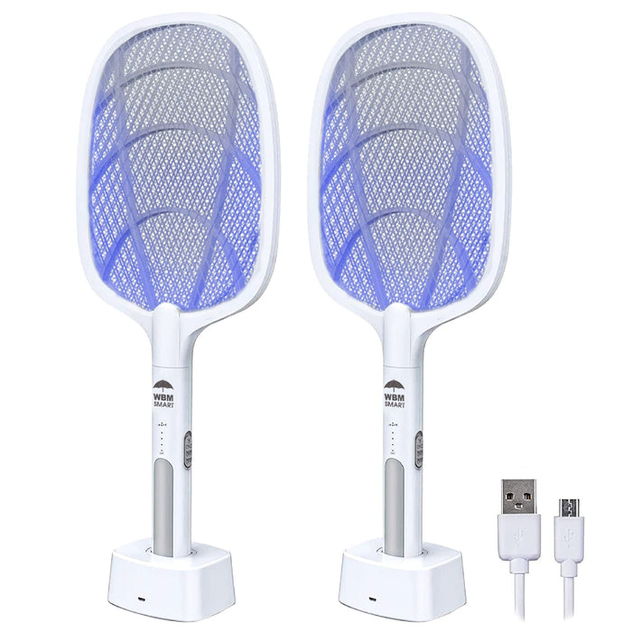 WBM SMART 2 in 1 Electric Bug Zapper, Mosquitoes Trap Lamp & Racket, USB Rechargeable Electric Fly Swatter for Home and Outdoor Powerful Grid 3-Layer Safety Mesh Safe to Touch, Pack of 2