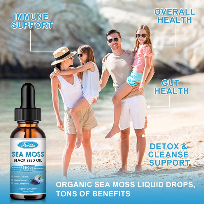 Bunkka (2 Pack) Sea Moss 3000mg Black Seed Oil 1000mg with Burdock Root 600mg Bladderwrack 800mg&Vitamin C Vitamin D3, Irish Sea Moss Drop for Immune System, Gut, Skin & Energy