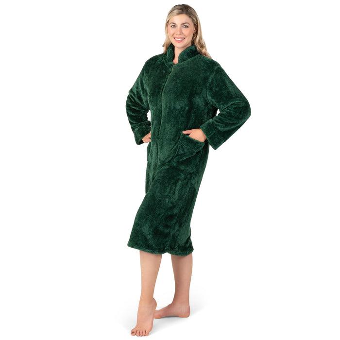 PAVILIA Womens Housecoat Zip Robe, Sherpa Zip Up Front Robe Bathrobe, Fuzzy Warm Zipper House Coat Lounger for Women Ladies Elderly with Pockets, Fluffy Fleece Long - Emerald Green (Large/X-Large)