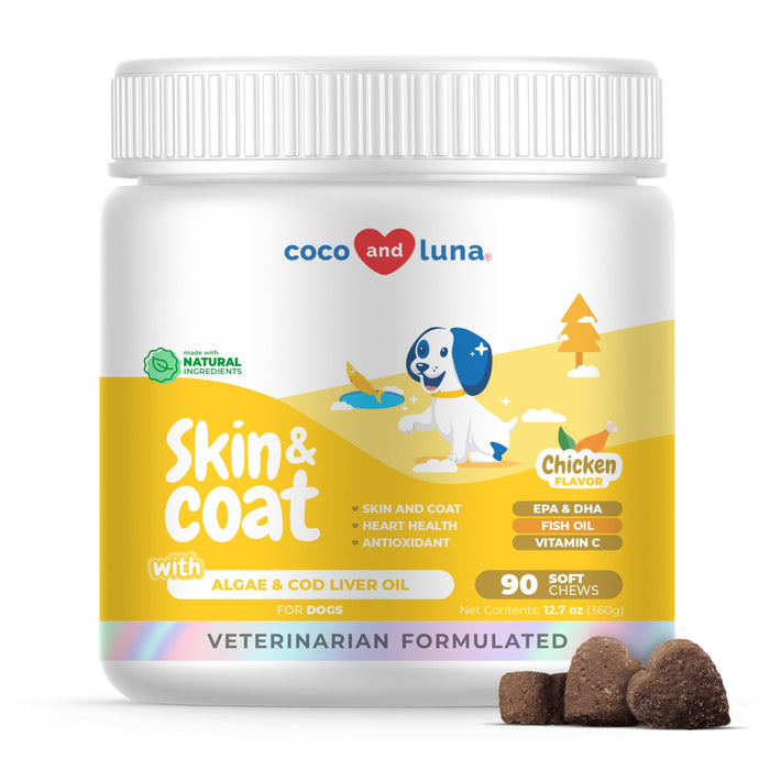 Omega 3 Fish Oil for Dogs - 90 Soft Chews - with Cod Liver Oil, Algae Oil, EPA & DHA Fatty Acids for Dog Shedding, Itchy, Dry Skin, Joint & Heart Support