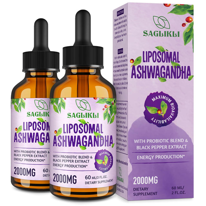 Saglikli Liposomal Ashwagandha Liquid Drops 2000mg, Ashwagandha Root Extract Supplement (7% Withanolides) with Black Pepper Extract & Probiotics for Focus, Cognition & Energy - 4 FL.OZ (2 Bottle)