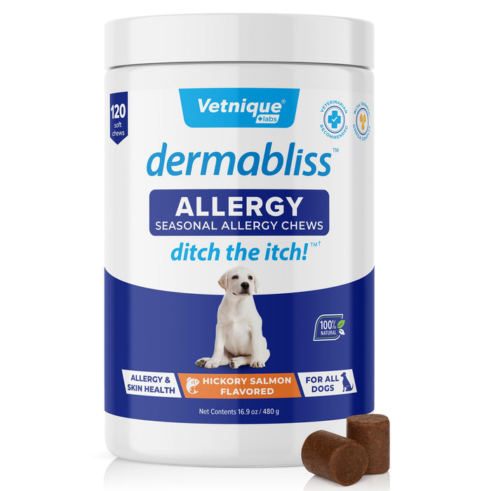 Dermabliss Dog Allergy Itch Relief - Chews, Medicated Hydrocortisone Anti-Itch Spray, Wipes & Omega Immune Treats - Vet Recommended for Allergies & Immunity… (120ct, Allergy Chews)