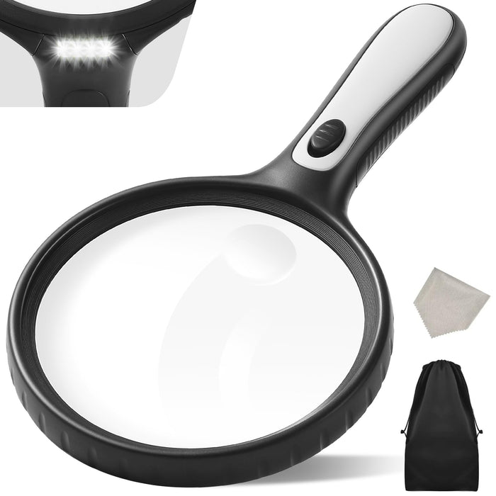 Large magnifying glass with light, 10x 20x handheld clear magnifying glass with 4 LED high brightness lights, free storage bag, cleaning cloth, suitable for The elderly to read, check