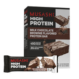 MUSASHI High Protein Bar, 45g Protein, 2g Total Sugars, Milk Chocolate Brownie, Post Workout and Protein Snack On The Go, 12 Pack of 3.2oz (90g) Bars