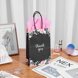 DjinnGlory 50 Pack Small Black & Floral Thank You Paper Bags Spring Gift Bags with Handles 9 x5.5 x3.15 Inches and 24 Pink Tissue Paper for Mother's Day Wedding Baby Shower Birthday Parties