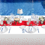 8Pack Disposable Plastic Tablecloths and Satin Table Runner Set White and Red Dot Tablecloth Red Satin Table Runner for Wedding Birthday Baby Shower Anniversary Christmas New Year Party Supplies