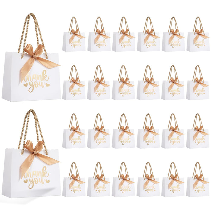 QIELSER 50 Pack Small Thank You Gift Bags with Handles, White Mini Party Favor Bags 5.5''x 2.5''x4.7'', Mini Gift Bags Bulk with Bow Ribbon for Valentine's Day, Bridal, Wedding, Baby Shower