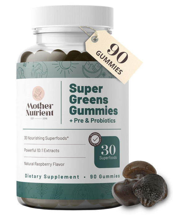 Mother Nutrient Super Greens Gummies for Women, Adults - with Prebiotics & Probiotics, Not 8, but 30 Powerful Greens Superfoods - Multivitamin Veggie Chewables (90 Gummies)