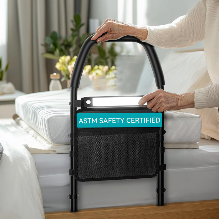 FORTEMOTUS Bed Rails for Elderly Adults Safety - Thickened Grabrail Bed Handrails with Adjustable Height, Heavy Duty Bed Side Rail with Non-Slip Handle, Motion Light, Storage Pocket& Safety Strap