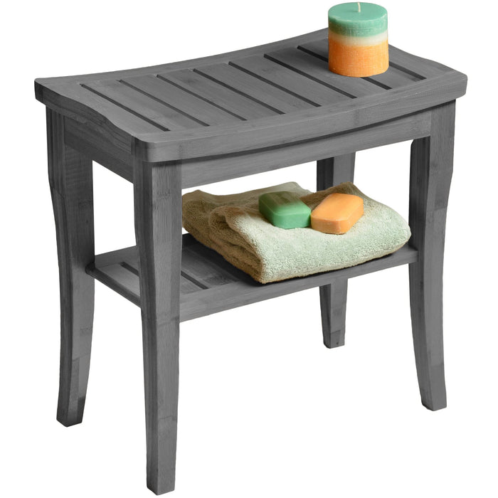 Bamboo Shower Bench Spa Stool - Wood 2-Tier Seat, Foot Rest Shaving Stool with Non-Slip Feet + Storage Shelf - Seat or Organizer for Bathroom, Living Room, Bedroom and Garden Décor (Grey)